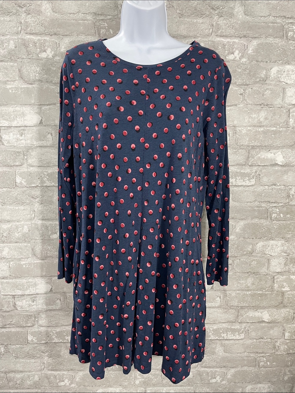 Boden Navy Tunic Dress with pink shadow Polka Dots